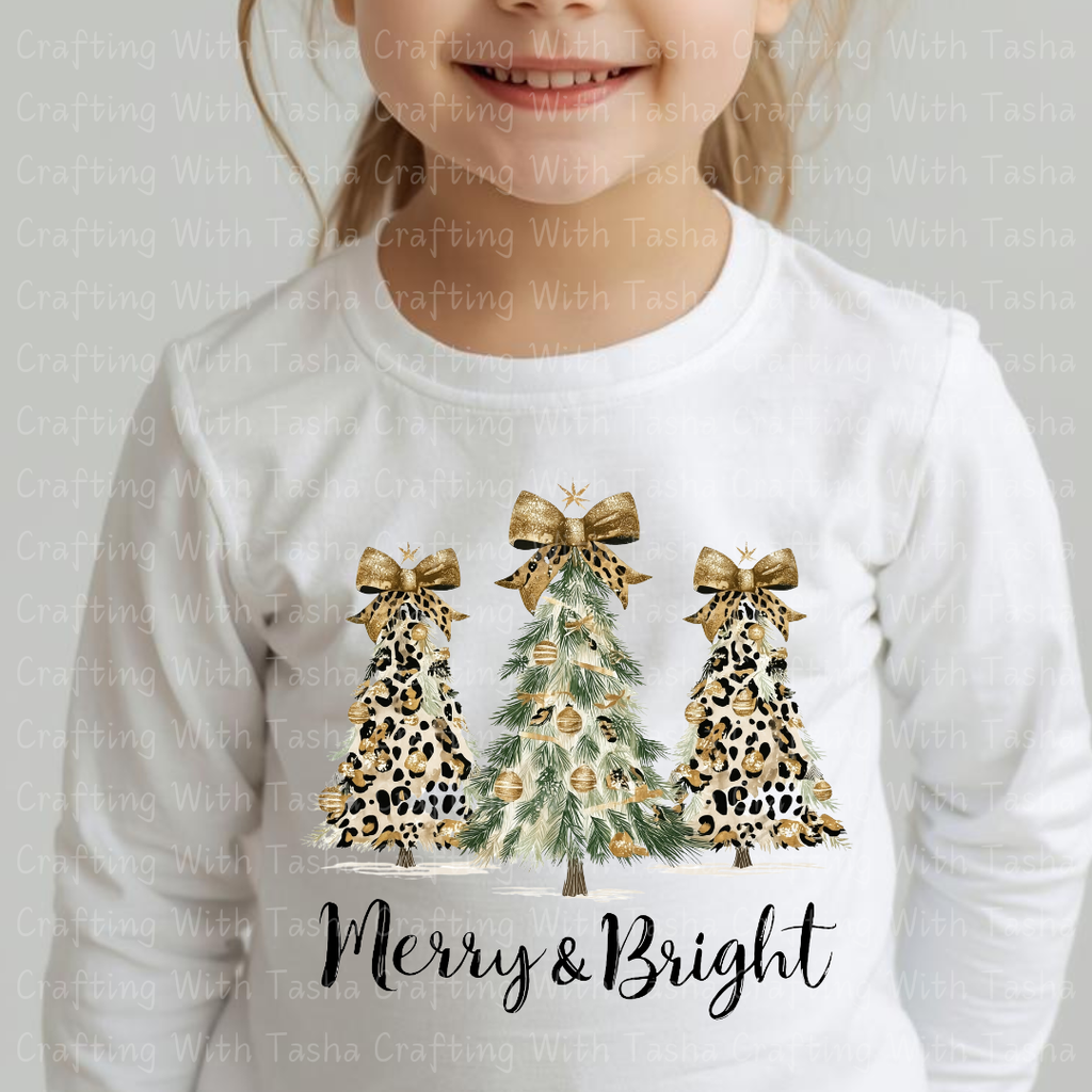 Merry & Bright Leopard and Gold Christmas Tree Design – Customizable DTF Transfer, T-Shirt, Crew Neck, Hoodie, or Cup Transfer