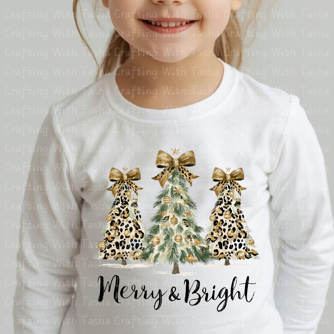 Merry & Bright Leopard and Gold Christmas Tree Design – Customizable DTF Transfer, T-Shirt, Crew Neck, Hoodie, or Cup Transfer