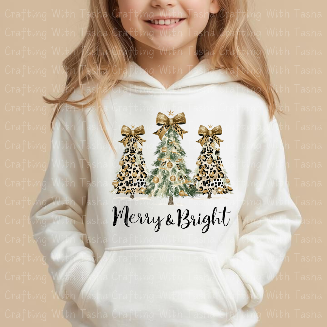 Merry & Bright Leopard and Gold Christmas Tree Design – Customizable DTF Transfer, T-Shirt, Crew Neck, Hoodie, or Cup Transfer