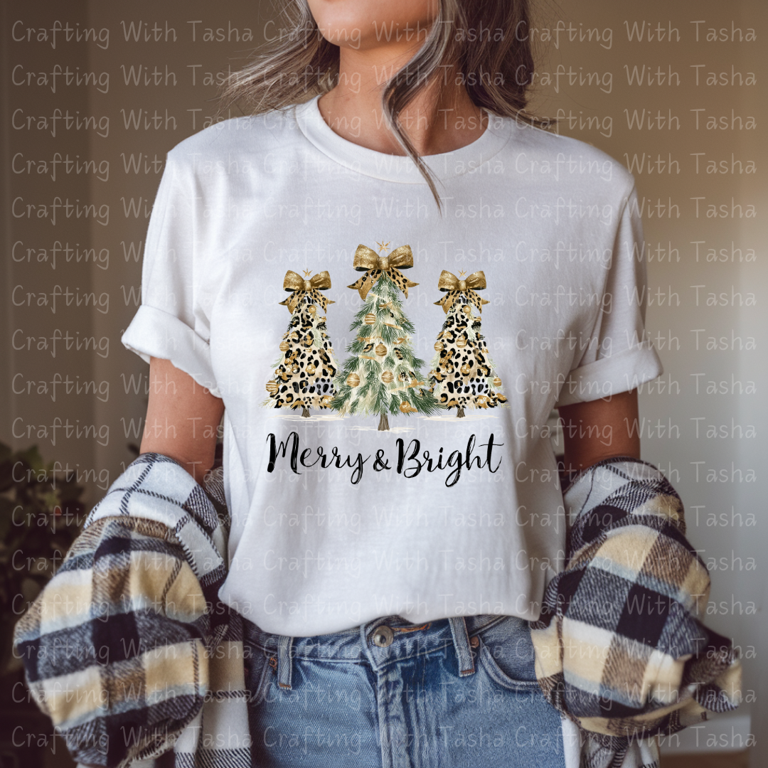 Merry & Bright Leopard and Gold Christmas Tree Design – Customizable DTF Transfer, T-Shirt, Crew Neck, Hoodie, or Cup Transfer