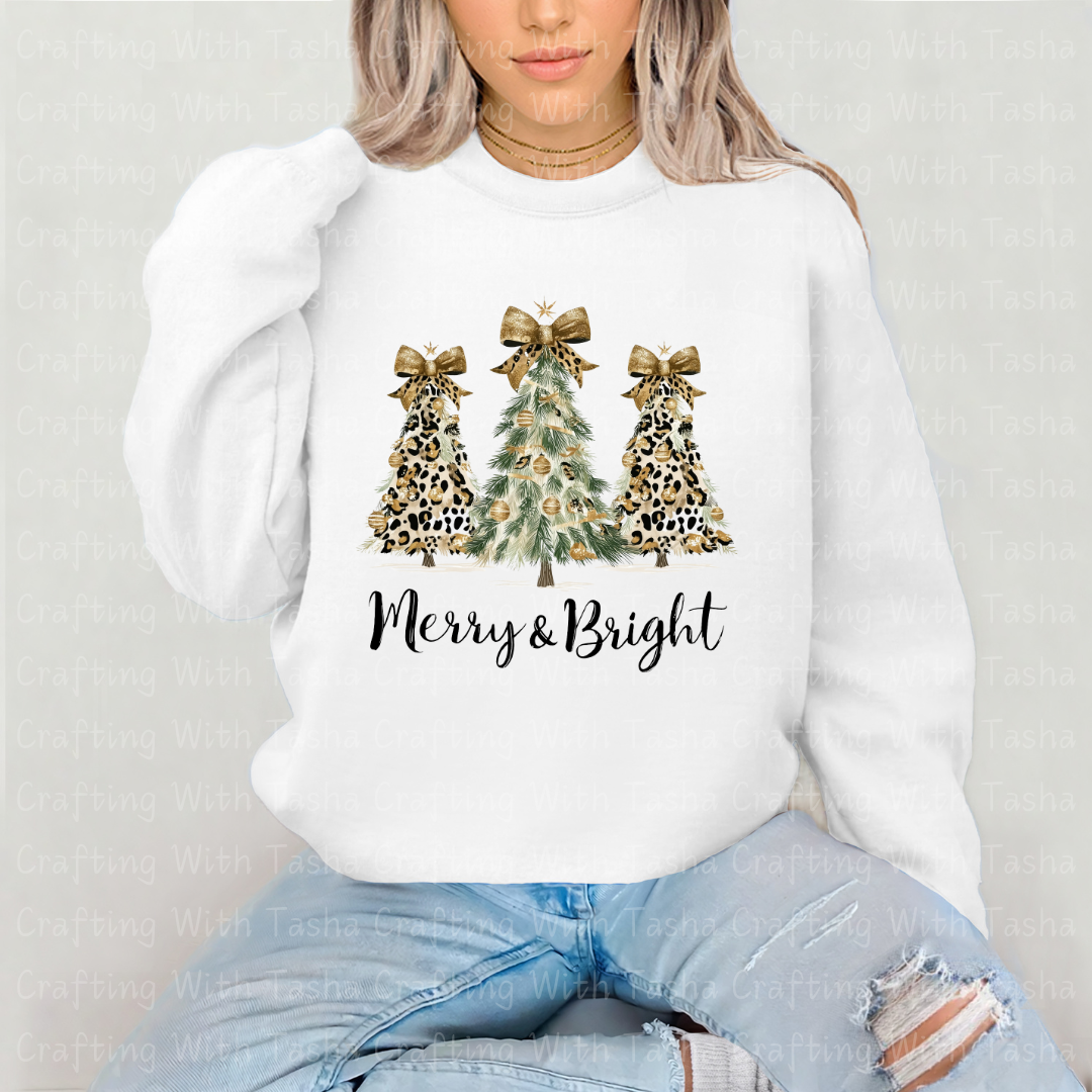 Merry & Bright Leopard and Gold Christmas Tree Design – Customizable DTF Transfer, T-Shirt, Crew Neck, Hoodie, or Cup Transfer