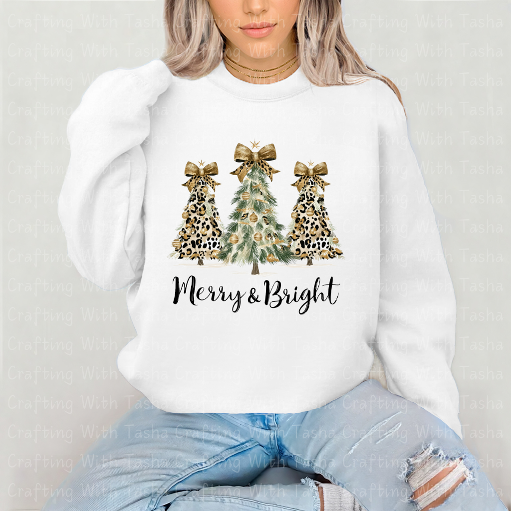 Merry & Bright Leopard and Gold Christmas Tree Design – Customizable DTF Transfer, T-Shirt, Crew Neck, Hoodie, or Cup Transfer