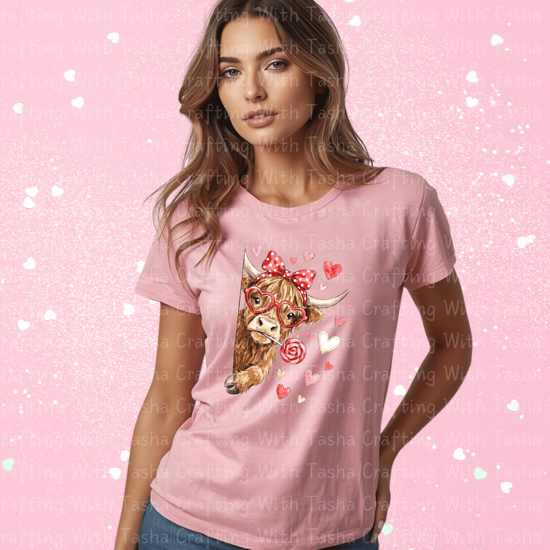Highland Cow Valentine Shirt – Cute Cow with Hearts & Lollipop (Variation 1)