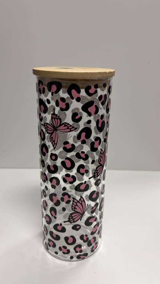20 oz Pink Leopard Butterfly Glass Tumbler with Wooden Lid – Chic Reusable Iced Coffee Cup