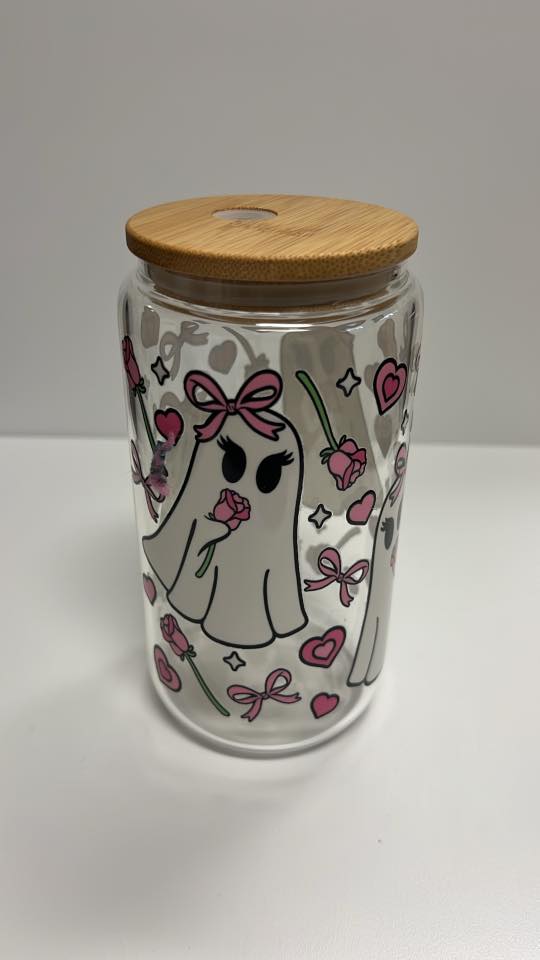 Cute Ghost Glass Tumbler with Bamboo Lid – Pink Hearts, Roses & Bow Aesthetic Iced Coffee Cup