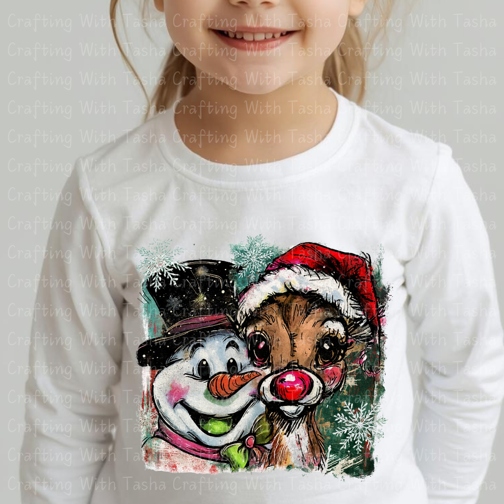 Vintage Frosty and Rudolph Christmas Design – Customizable DTF Transfer, T-Shirt, Crew Neck, Hoodie, or Cup Transfer