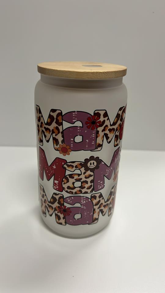 Retro “MAMA” Glass Tumbler with Bamboo Lid – Leopard Print & Floral Iced Coffee Cup
