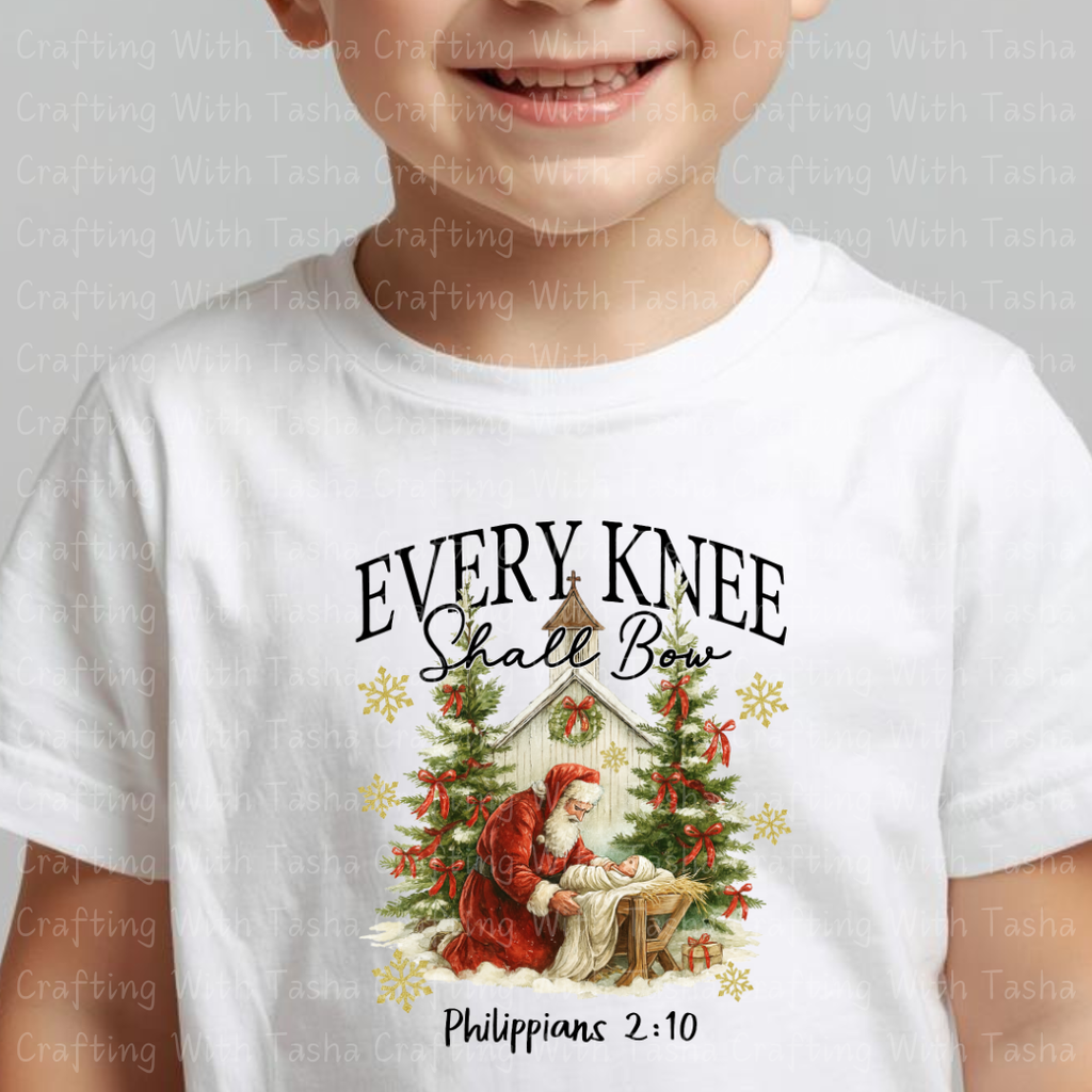 Every Knee Shall Bow Philippians 2:10 Christmas Nativity Design – Customizable DTF Transfer, T-Shirt, Crew Neck, Hoodie, or Cup Transfer