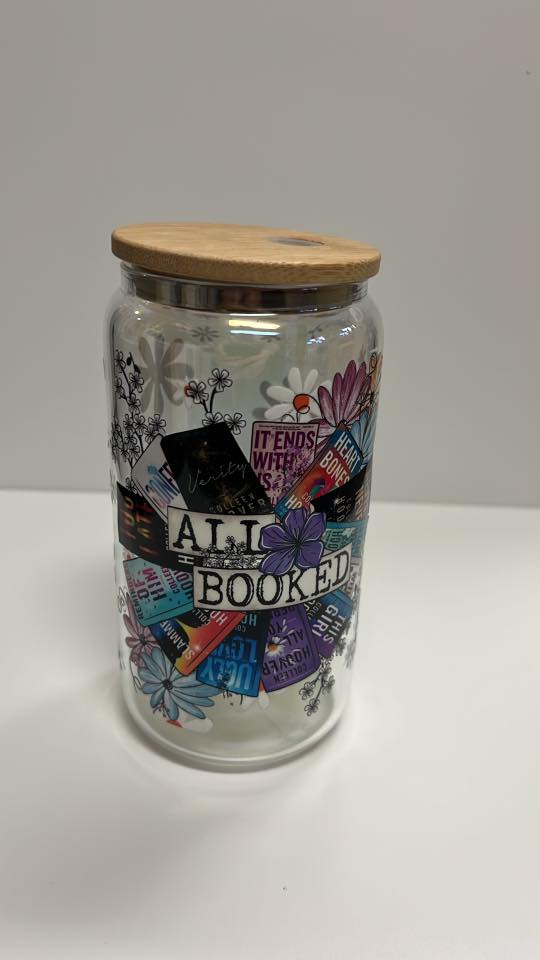 “All Booked” Glass Tumbler with Bamboo Lid – Book Lover Floral Iced Coffee Cup