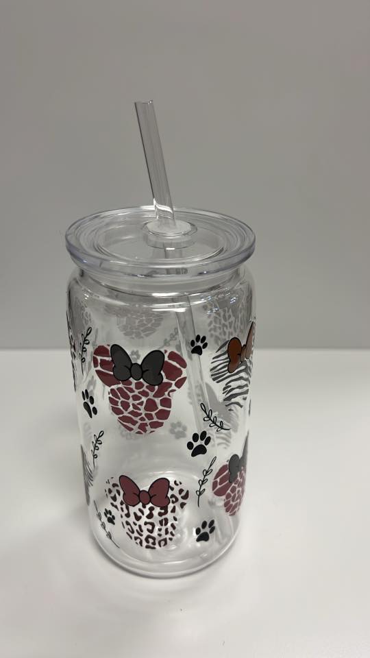 16oz Acrylic Tumbler with Straw – Animal Print Minnie Ears, Paw Prints & Bows Design