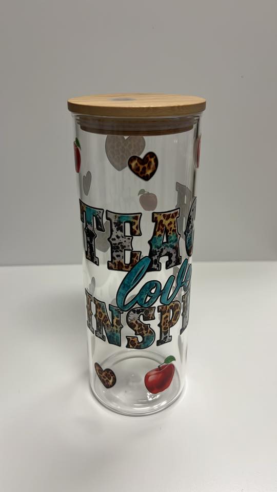 20 oz “Teach Love Inspire” Glass Tumbler with Wooden Lid – Teacher Appreciation Gift with Leopard and Turquoise Design
