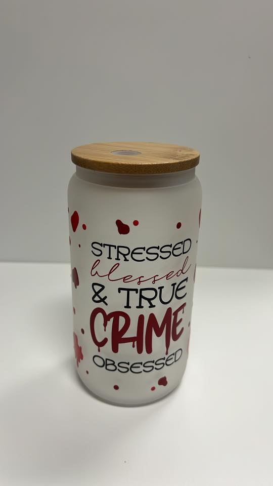 True Crime Obsessed Frosted Glass Tumbler with Bamboo Lid – Funny Iced Coffee Cup for Crime Lovers