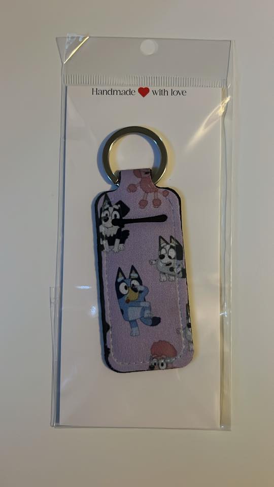 Dog Print Lip Balm Holder Keychain – Purple Fabric Chapstick Holder for Purses, Bags & Gifts
