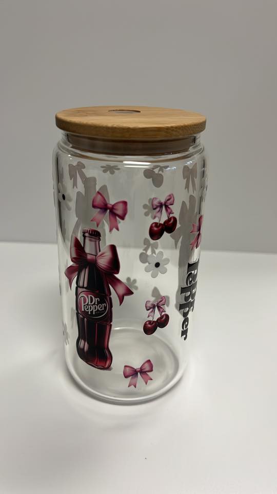 Retro Cherry Soda Glass Tumbler with Bamboo Lid – Pink Bows & Bottle Design Aesthetic Cup