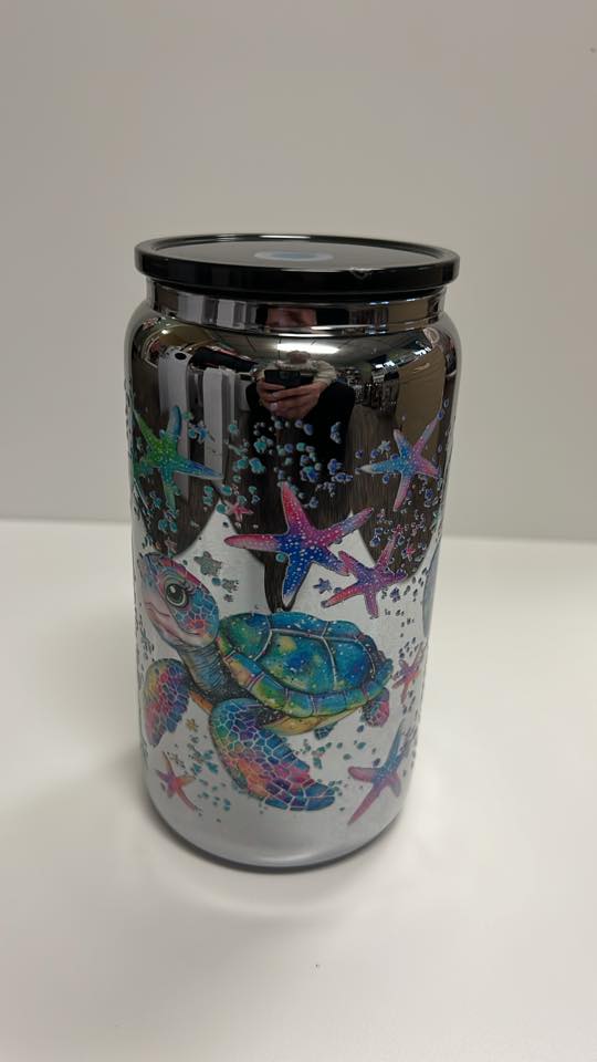 Under the Sea Chrome Glass Tumbler with Black Lid – Colorful Turtle & Starfish Ocean Drink Cup