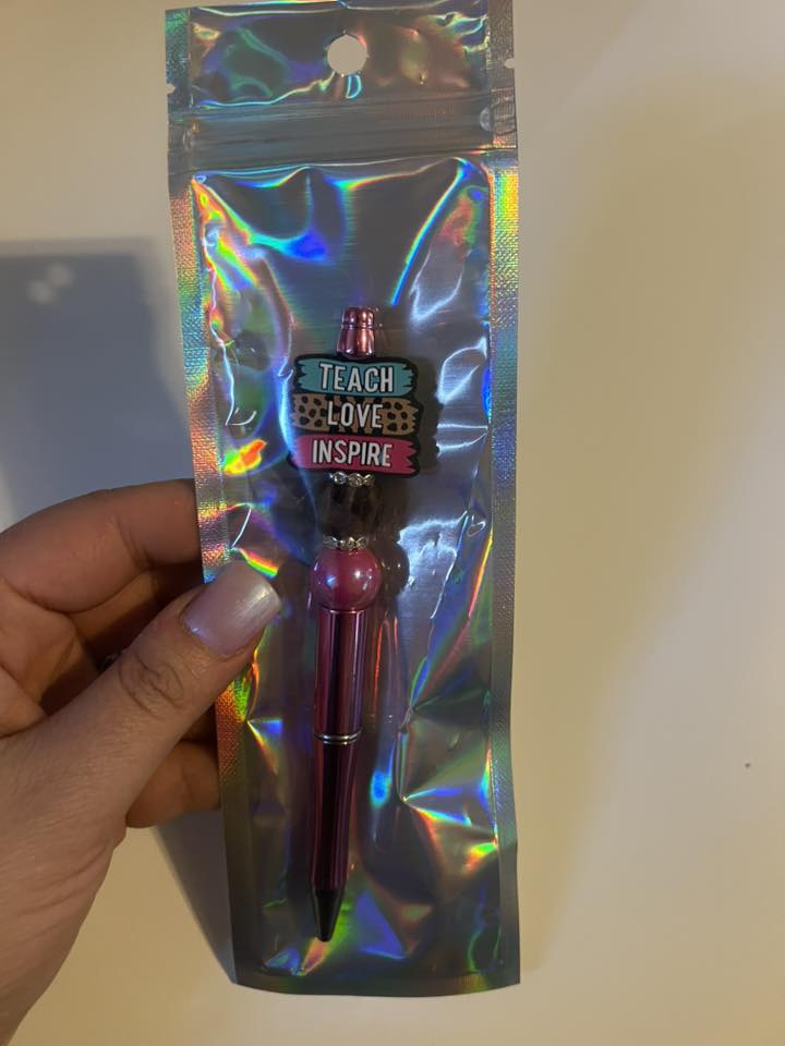 Teach Love Inspire Beaded Pen – Pink Teacher Gift Pen with Rhinestone Accent