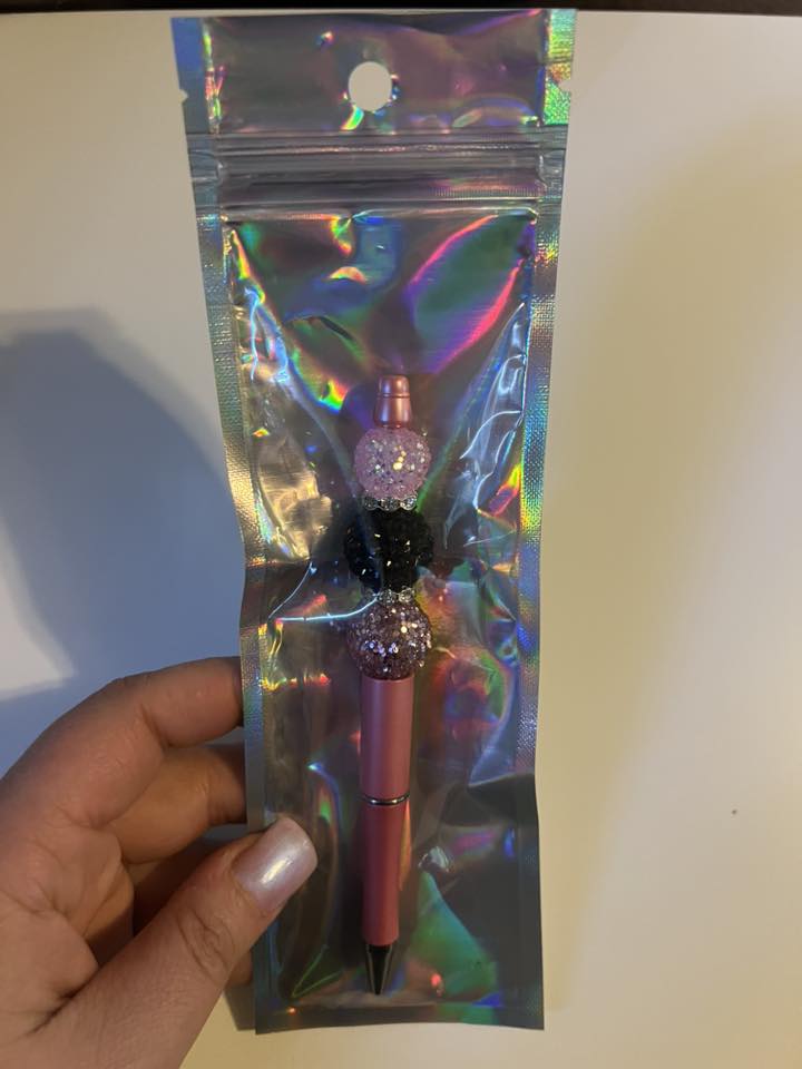 Luxury Beaded Pen – Pink Glitter Rhinestone Pen with Black and Purple Accent Beads