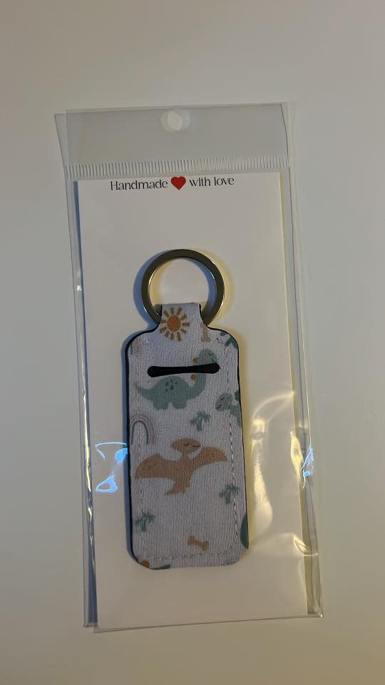 Dinosaur Print Lip Balm Holder Keychain – Cute Neutral Fabric Chapstick Holder for Bags, Purses & Gifts