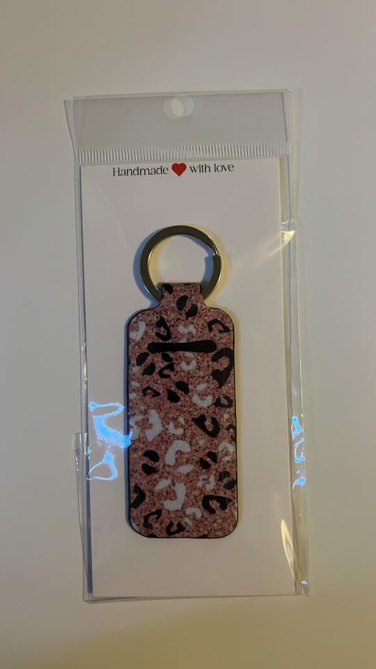 Pink Leopard Lip Balm Holder Keychain – Handmade Animal Print Chapstick Holder for Bags, Purses & Gifts
