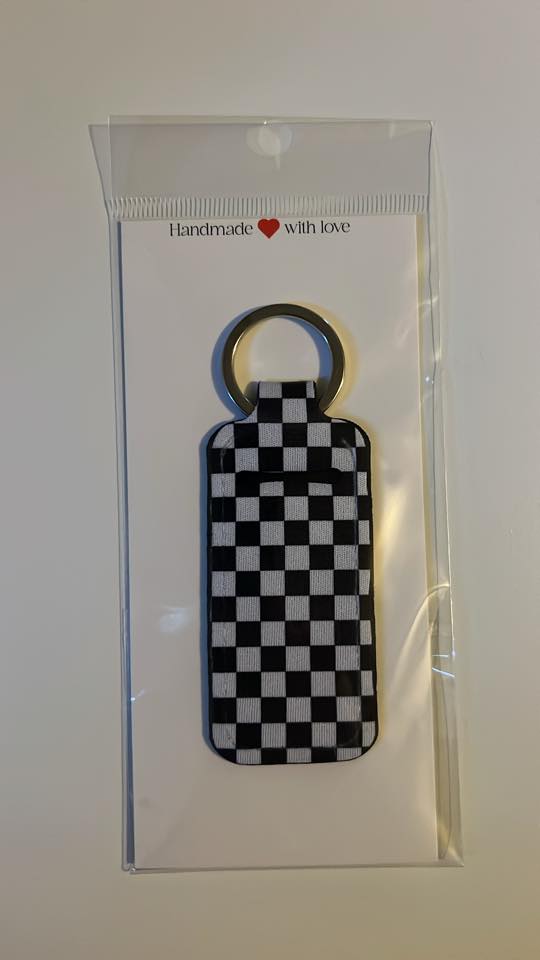 Checkerboard Lip Balm Holder Keychain – Handmade Black & White Chapstick Holder for Bags, Purses & Gifts