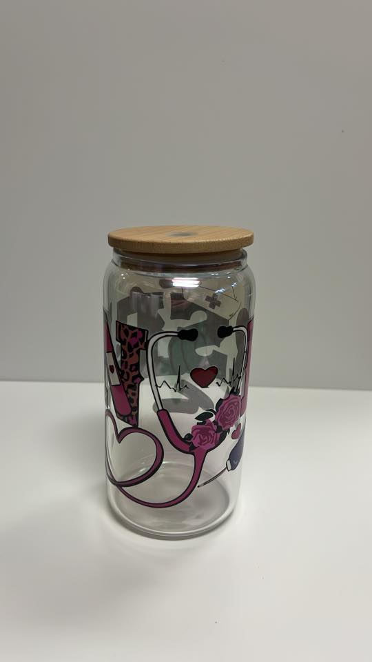 Nurse Life Glass Tumbler with Bamboo Lid – Pink Stethoscope & Medical Design Cup