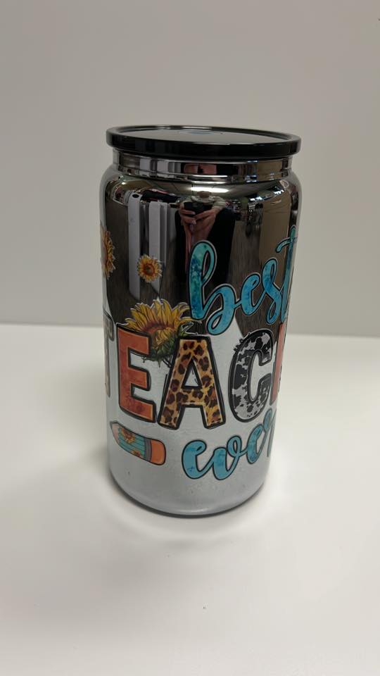 Best Teacher Ever Chrome Glass Tumbler with Black Lid – Sunflower & Leopard Print Teacher Gift