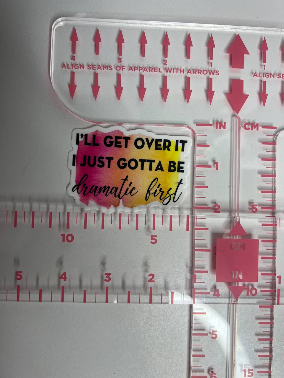 Clear ruler with colorful text sticker and measurement markings
