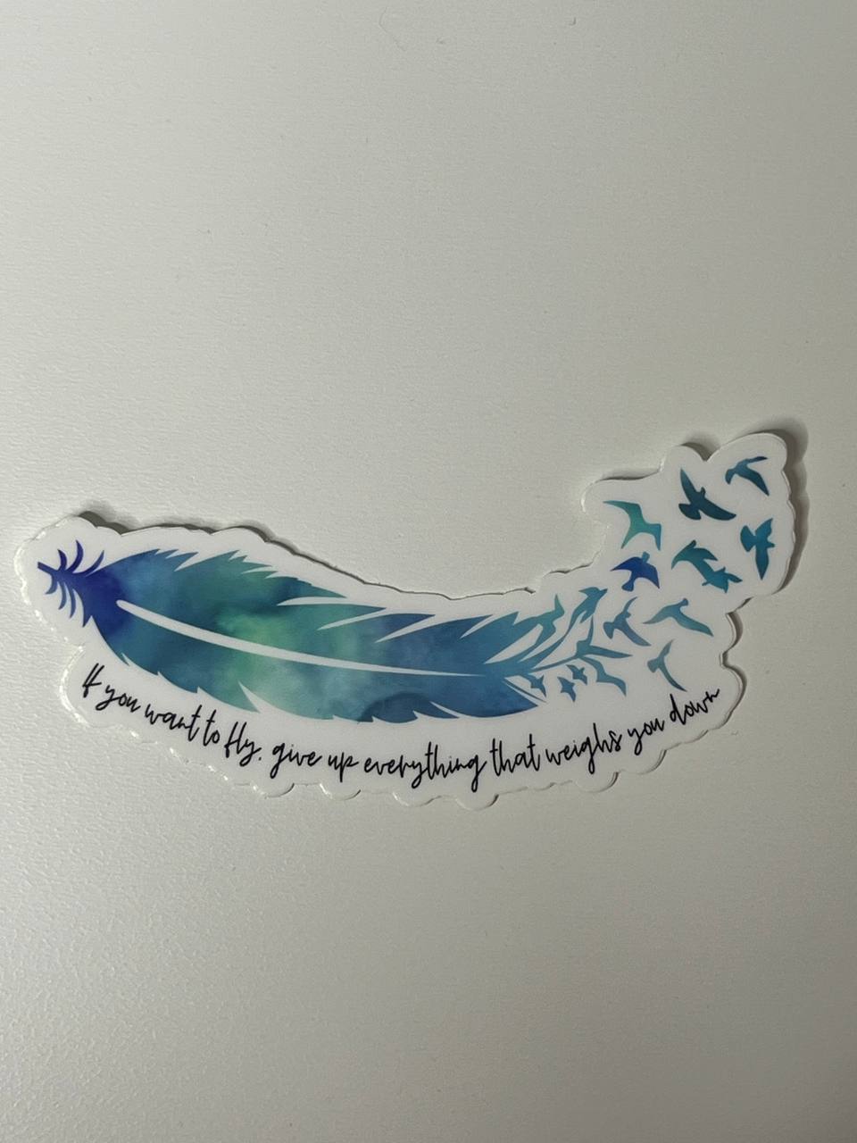Decorative sticker with a feather design and motivational quote on a plain background