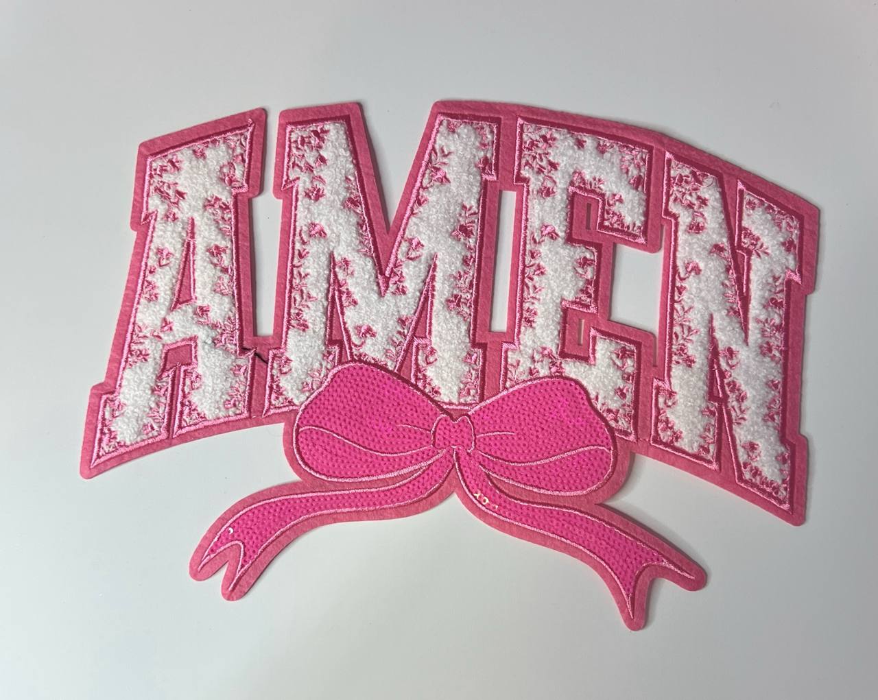 Light Pink Amen with Light Pink Sequin Bow Shirt Patch