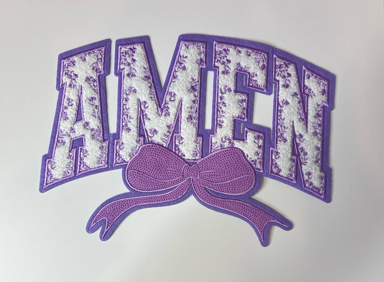 Purple Amen with Purple Sequin Bow Shirt Patch