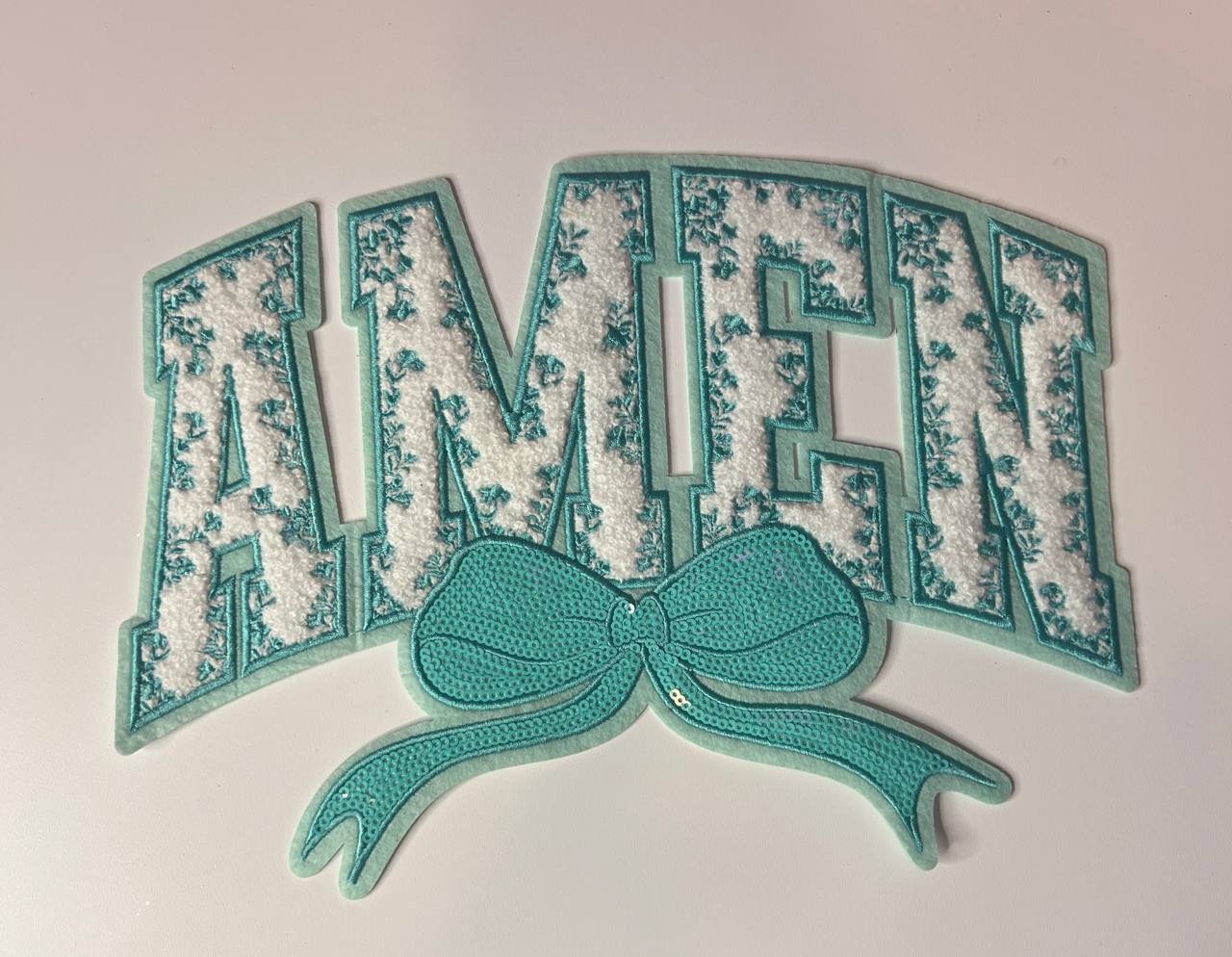 Teal Amen with Teal Sequin Bow Shirt Patch
