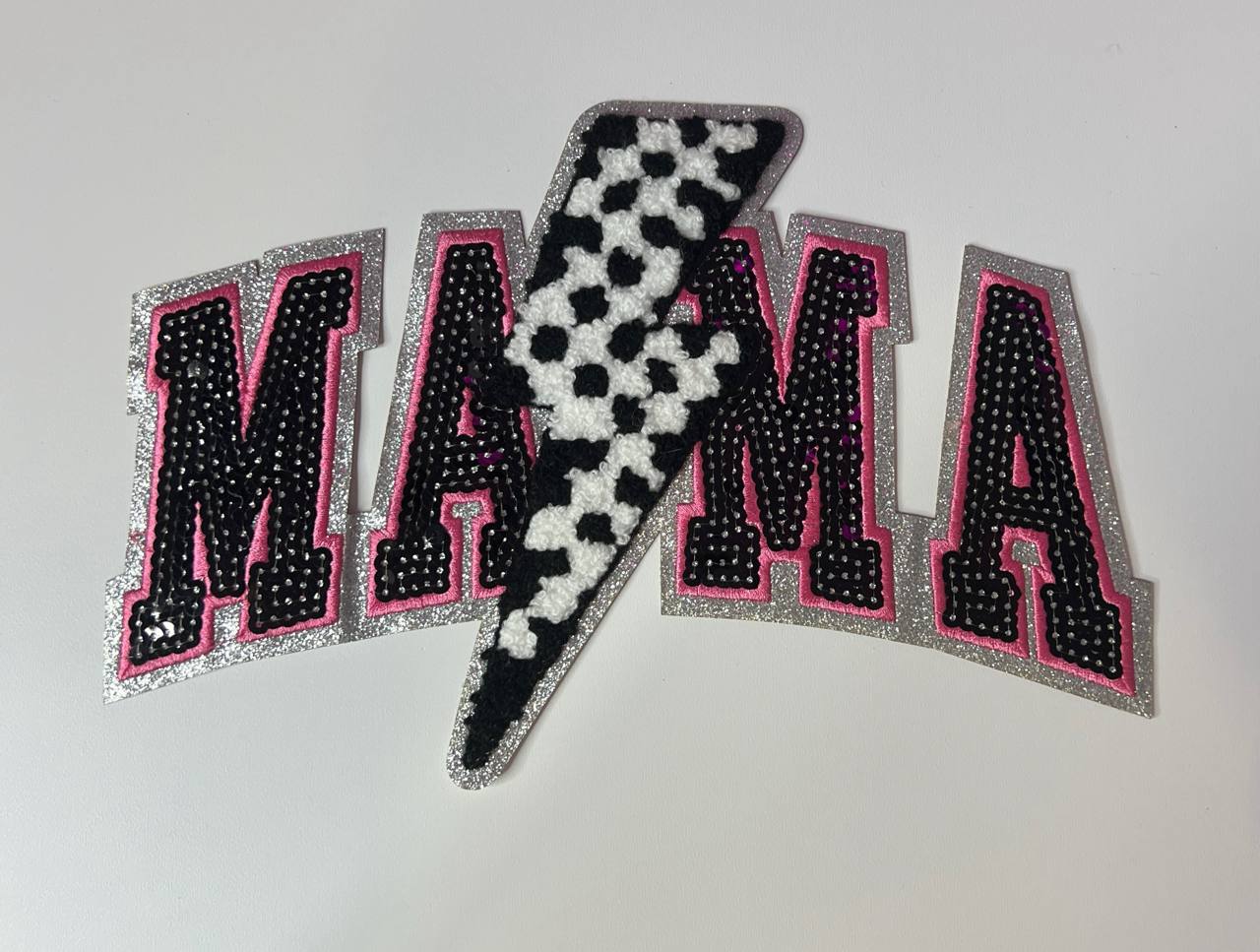 Sequins Black and Pink Mama Shirt Patch with Checkered Bow