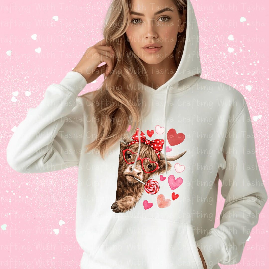 Highland Cow Valentine Shirt – Cute Cow with Hearts & Lollipop (Variation 2)