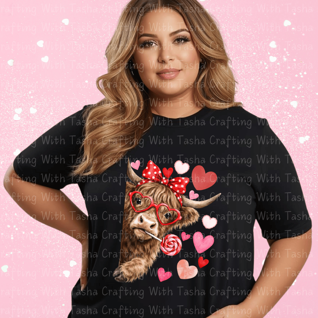 Highland Cow Valentine Shirt – Cute Cow with Hearts & Lollipop (Variation 2)