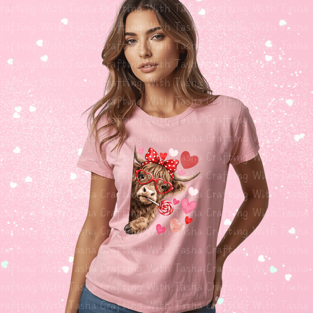 Highland Cow Valentine Shirt – Cute Cow with Hearts & Lollipop (Variation 2)