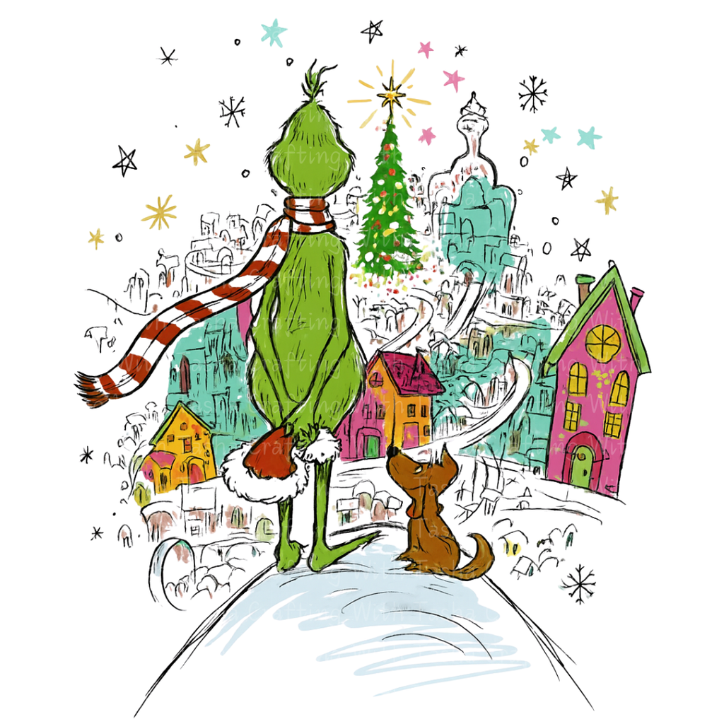 Green Christmas Character and Dog Overlooking Holiday Town Design – Customizable DTF Transfer, T-Shirt, Crew Neck, Hoodie, or Cup Transfer