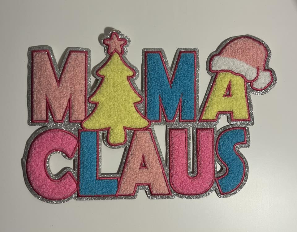 Mama Claus Sequin Iron-On Patch – Pastel Christmas Letter Appliqué for Shirts, Sweatshirts & Bags