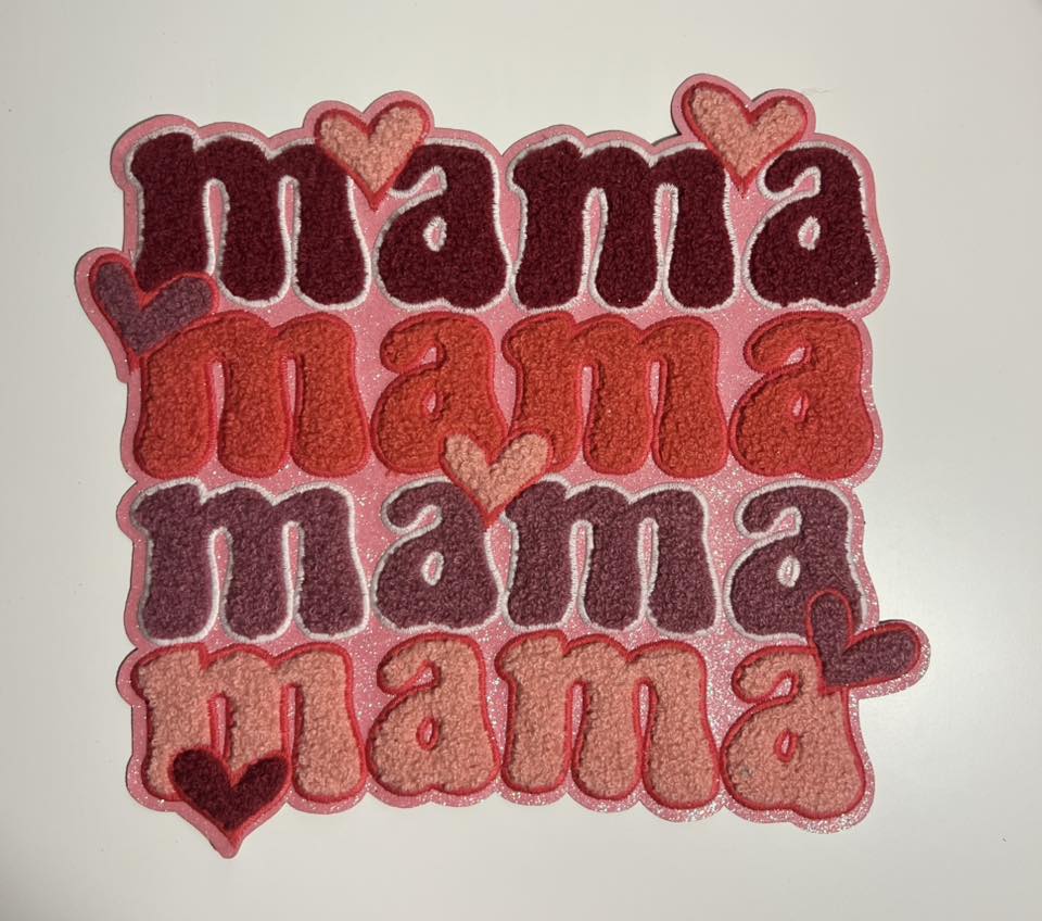 Mama Mama Mama Mama Chenille Iron-On Patch – Pink Heart Appliqué for Shirts, Sweatshirts & Bags