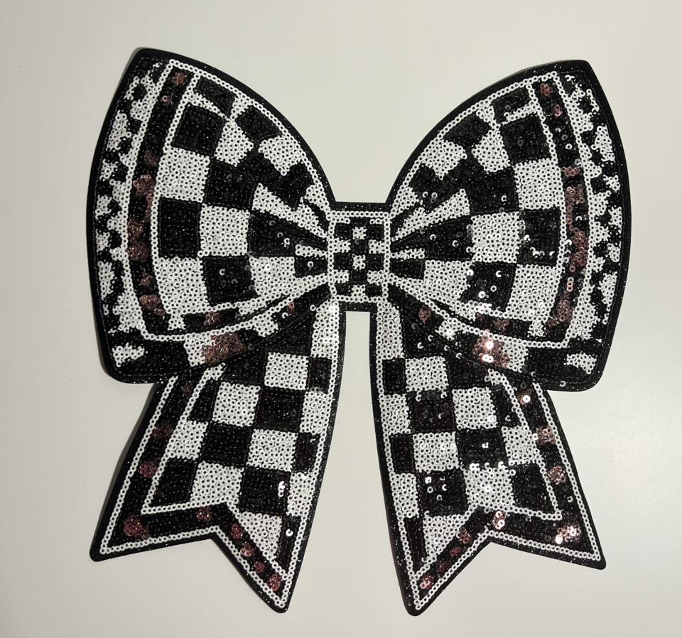 Black and White Check Bow Sequin Iron-On Patch – Farmhouse Holiday Appliqué for Shirts & Bags