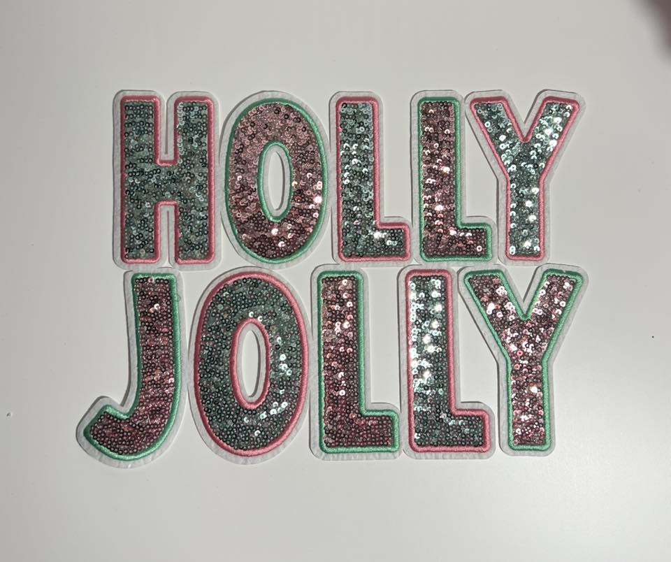 Holly Jolly Sequin Iron-On Patch – Pastel Holiday Letter Appliqué for Shirts, Sweatshirts & Bags