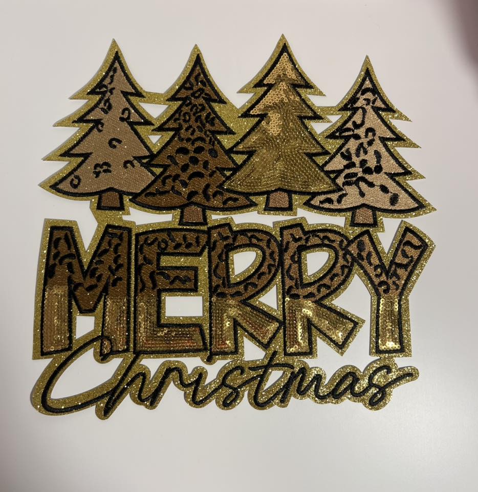 Merry Christmas Sequin Iron-On Patch – Gold Leopard Tree Holiday Appliqué for Shirts, Jackets & Totes