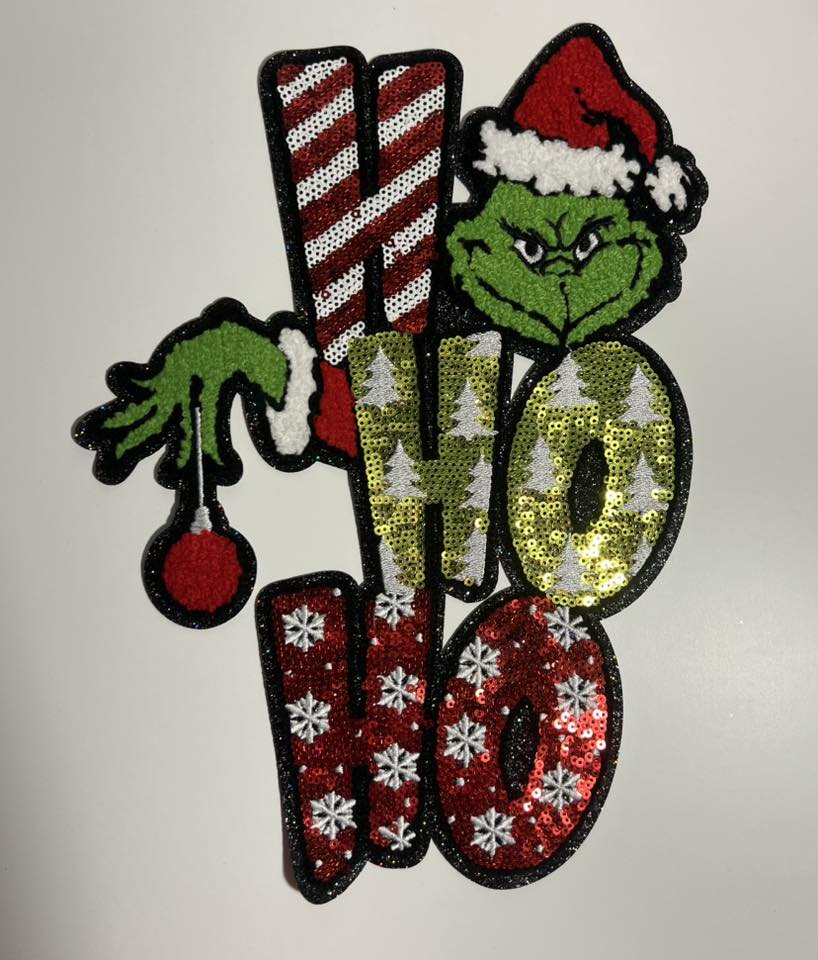 Ho Ho Ho Green Holiday Character Iron-On Patch – Funny Christmas Appliqué for Shirts & Bags