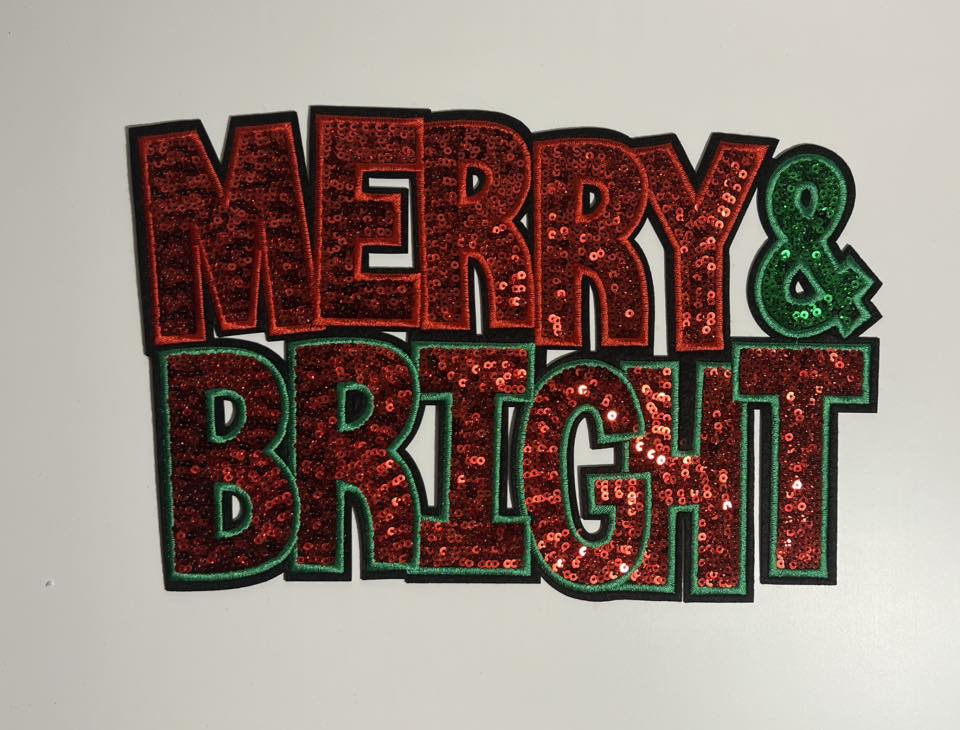 Merry & Bright Sequin Iron-On Patch – Red & Green Holiday Letter Appliqué for Shirts & Sweatshirts