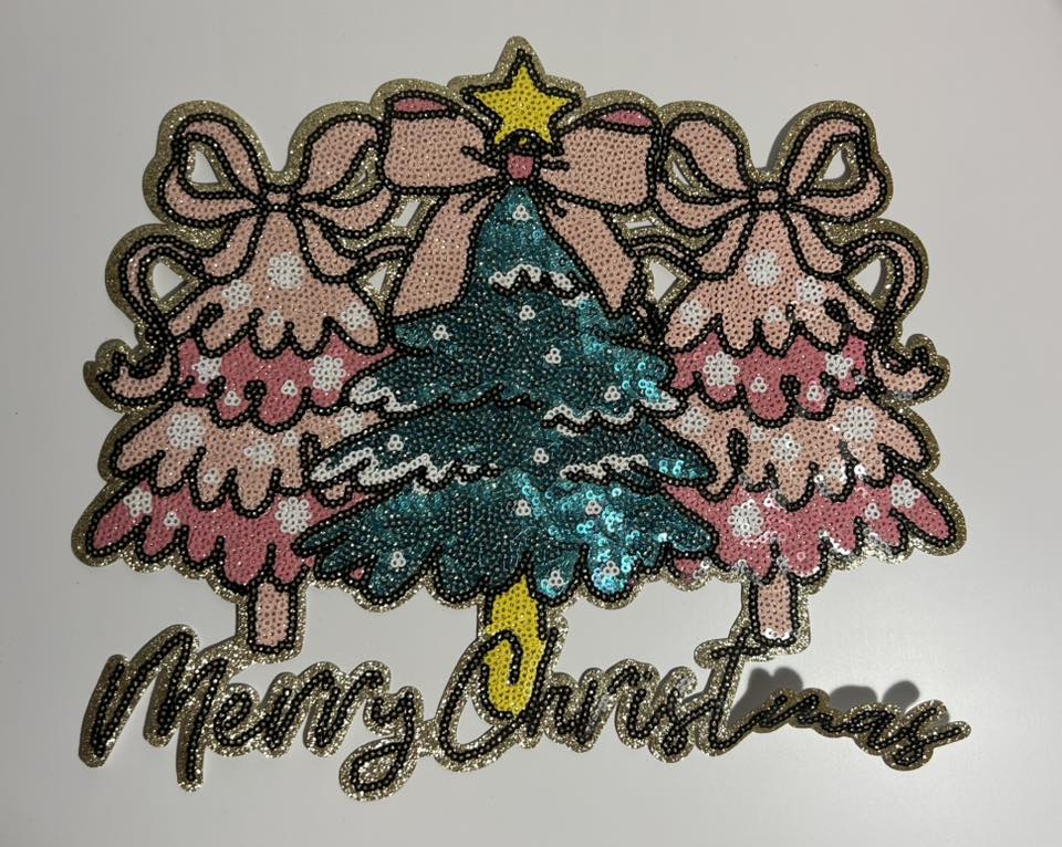 Merry Christmas Sequin Iron-On Patch – Pink Bow Christmas Tree Holiday Appliqué for Shirts & Bags