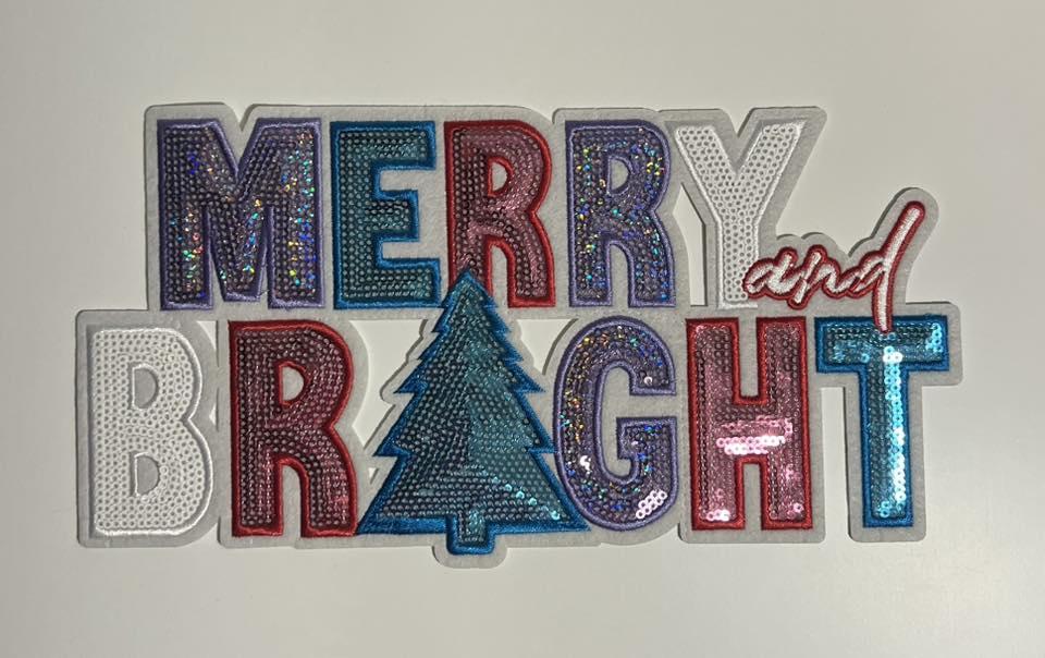 Merry and Bright Sequin Iron-On Patch – Colorful Holiday Letter Appliqué for Shirts & Sweatshirts