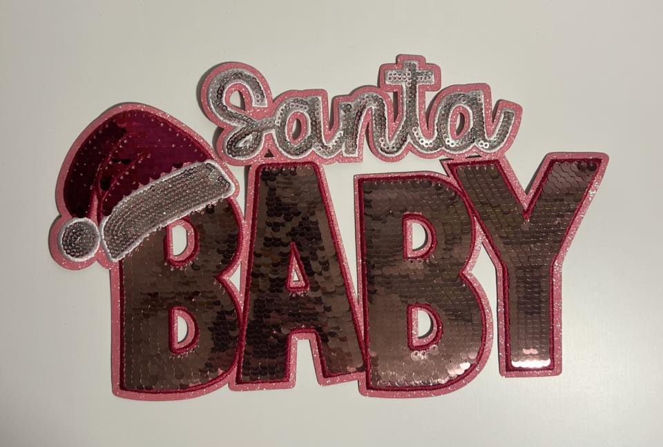 Santa Baby Sequin Iron-On Patch – Cute Holiday Letter Appliqué with Santa Hat for Shirts & Bags