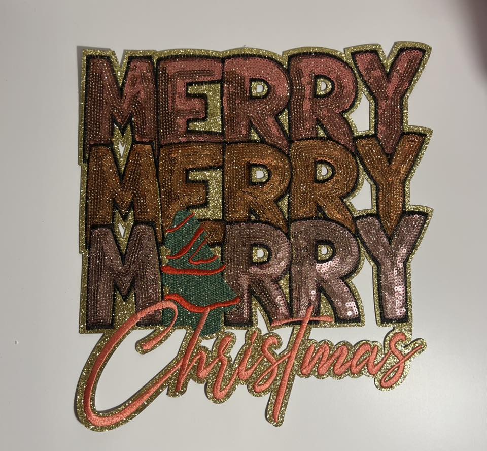 Merry Merry Merry Christmas Sequin Iron-On Patch – Stacked Holiday Appliqué for Shirts, Sweatshirts & Bags