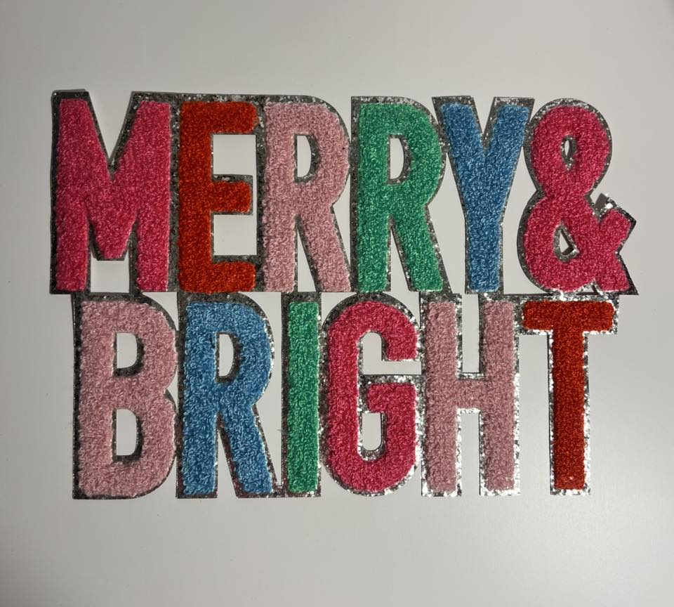 Merry & Bright Sequin Iron-On Patch – Colorful Holiday Letter Appliqué for Shirts, Sweatshirts & Bags