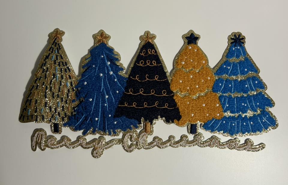 Merry Christmas Tree Sequin Iron-On Patch – Blue & Gold Holiday Tree Appliqué for Shirts & Bags