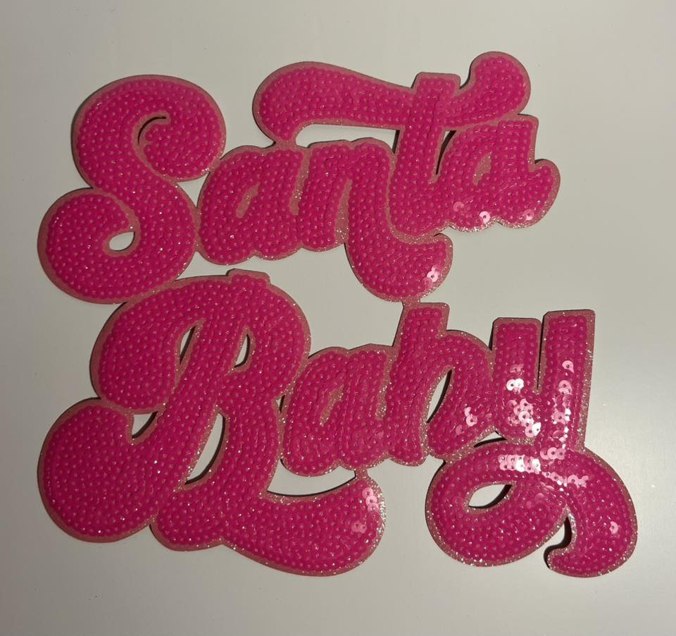 Santa Baby Sequin Iron-On Patch – Pink Script Holiday Appliqué for Shirts, Sweatshirts & Bags